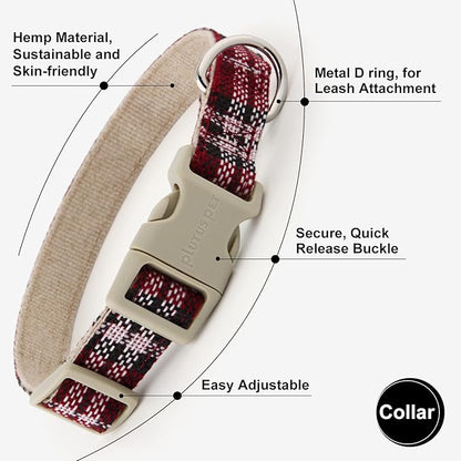 Plutus Pet Cotton Hemp Dog Collar and Leash Set, Adjustable Collar for Small, Medium, and Large Dogs, Heavy Duty and Soft on Skin, Red Plaid, M