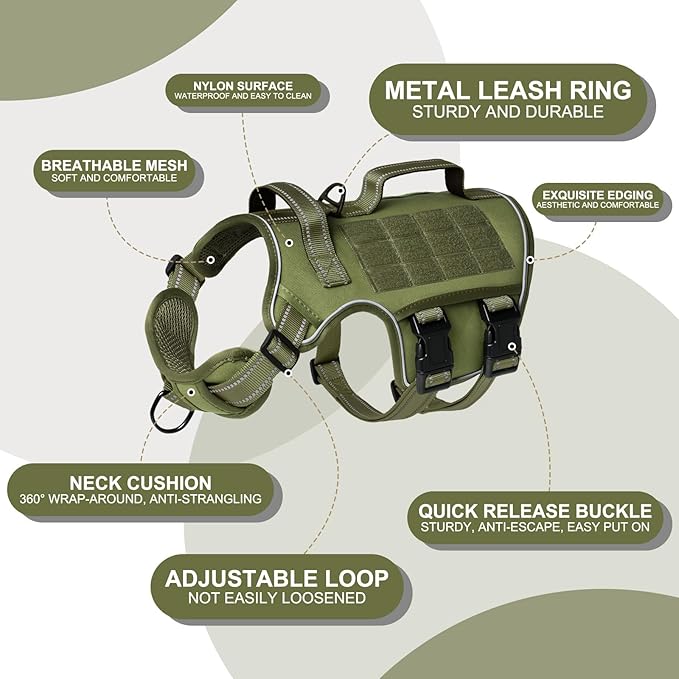 Dog Harness for Large Dogs Heavy Duty, No Pull Tactical Dog Harness with Molle System, Easy On and Off Service Dog Vest, Breathable Padded, Adjustable Reflective Pet Vest for Walking Hiking Training
