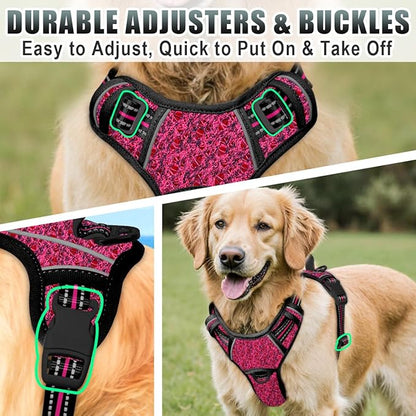 BARKBAY No Pull Dog Harness Large Reflective Dog Harness with Front Clip and Easy Control Handle for Walking Training Running with ID tag Pocket(Pink/Black,M)