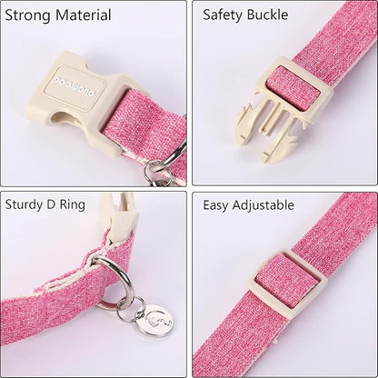 DOGWONG Cotton Hemp Dog Collar, Heavy-Duty Pink Dog Collar Adjustable Soft Natural Fabric Pet Dog Collar Cute Wedding Puppy Necklace for Small Medium Large Dogs