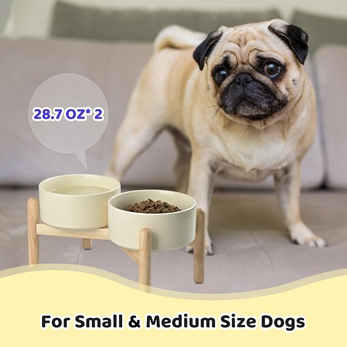 SPUNKYJUNKY Ceramics Raised Dog Bowl with Wooden Stand - Double 28.7OZ Cream White Bowls for Small Medium Dogs