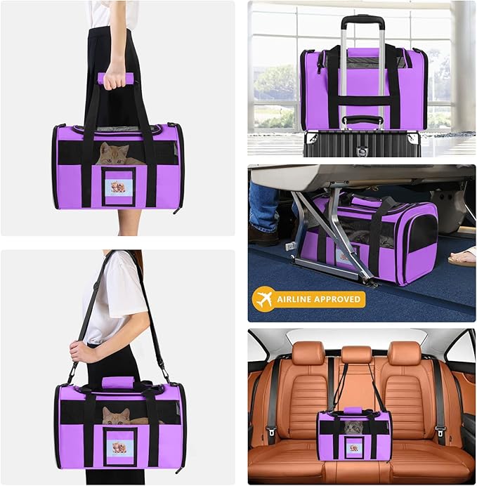SECLATO Cat Carrier Pet Carriers Airline Approved for Small Dogs Kitten Carrier for Small Medium Animals Under 15lb, Collapsible Soft Sided Travel Carrier, Purple