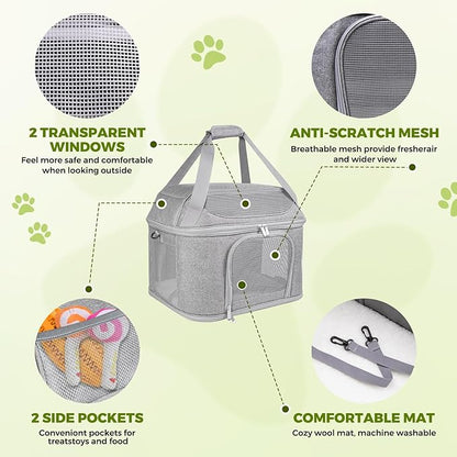 Top-Expandable Pet Carrier 17x11.8x13 Inches Underseat Up to 20lbs, Soft-Sided Carrier Travel Carriers with Padded Shoulder Strap for Small Cats and Dogs, Collapsible Waterproof Travel, Grey