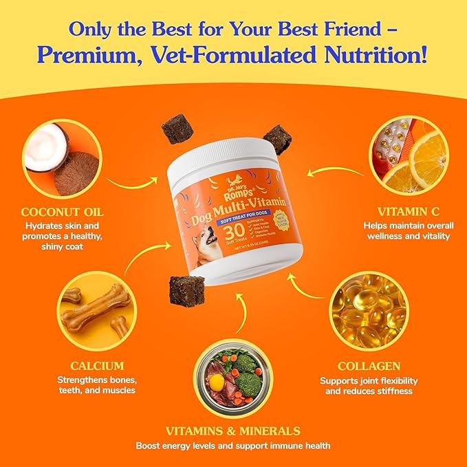 Dr Jay's Romps Dog Multivitamin Chews - Collagen Type II for Joint, Skin & Coat Support - Daily Dog Vitamins & Supplements for Immune & Digestion Health - Soft Chews for All Life Stages - 30 Count