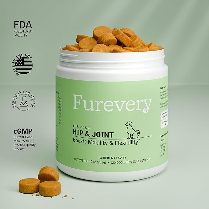 Hip & Joint Dog Supplement Chews, Chicken Flavor, 120 Count, Glucosamine, Chondroitin, MSM, Hemp Seed Oil & Turmeric, Joint Mobility, Flexibility & Comfort, Dogs of All Ages