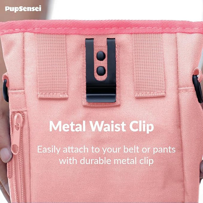 PupSensei Dog Treat Pouch for Training – Magnetic Dog Treat Bag with Belt Clip & Poop Bag Dispenser – Hands Free Carry Pouch with Auto-Close Access & Shoulder Strap – Durable Pet Gear –Light Pink