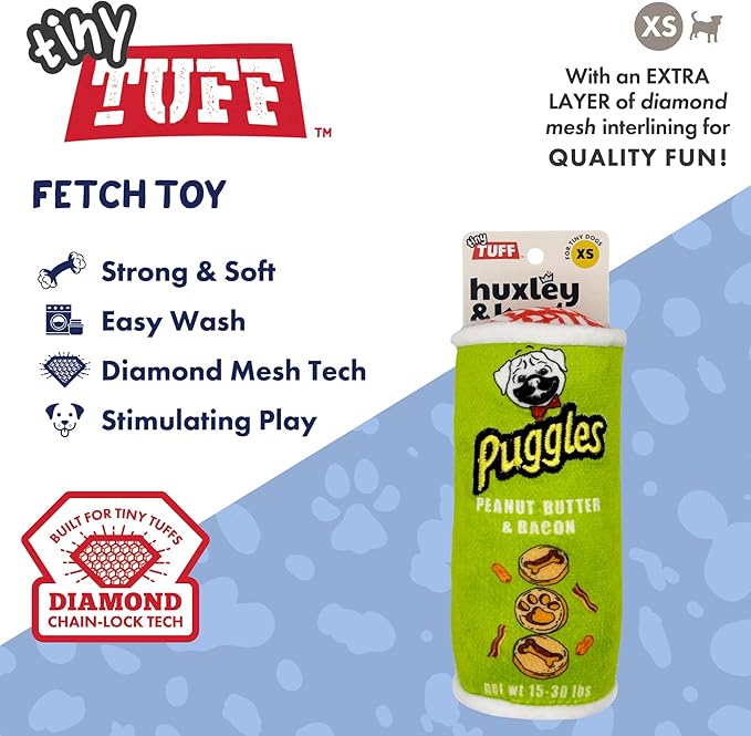 Huxley & Kent Funny Dog Toy w/Squeaker – Power Plush Squeaky Dog Toys for Small Dogs – Durable Small Stuffed Animal for Indoor Play & Fetch - Tiny Tuff Puggles Can