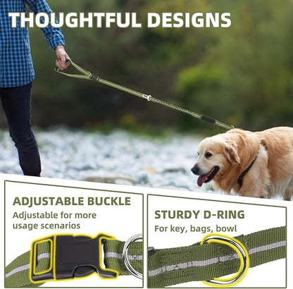 PUPTECK Heavy Duty Bungee Leash for Medium Large Dogs, No Pull Tactical Dog Leash with Double Handles for Training, Reflective with Car Seatbelt and Quick Release Buckle, Green