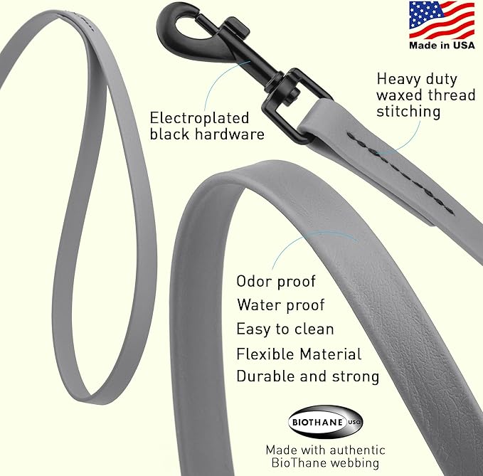 Dogline Biothane Waterproof Dog Leash Strong Coated Nylon Webbing with Black Hardware Odor-Proof Easy to Clean High Performance for Small or Large Dogs Made in USA 2 ft Lead, Battleship Gray