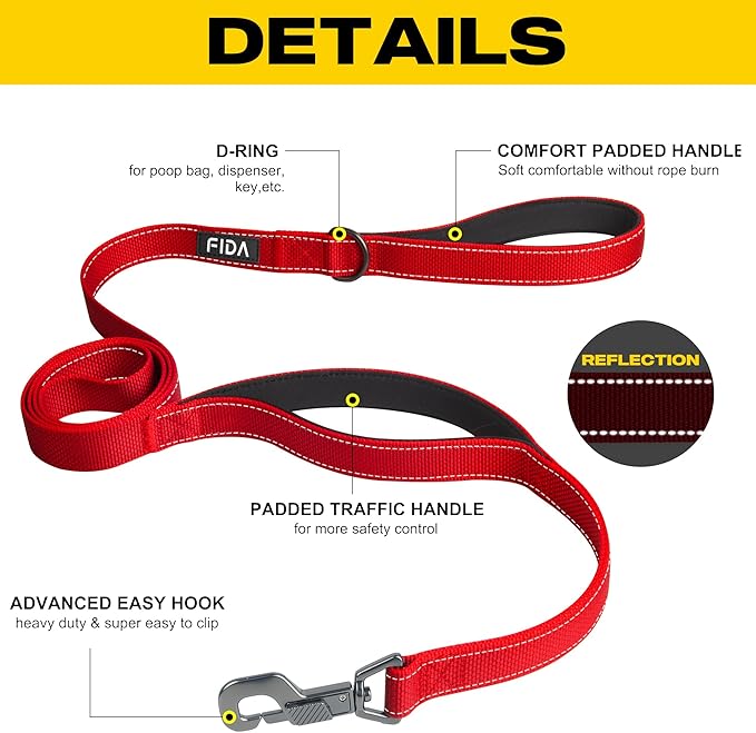 Fida 5 FT Heavy Duty Dog Leash with 2 Comfortable Padded Handles, Traffic Handle & Advanced Easy Snap Hook, Reflective Walking Lead for Large, Medium & Small Breed Dogs, Red