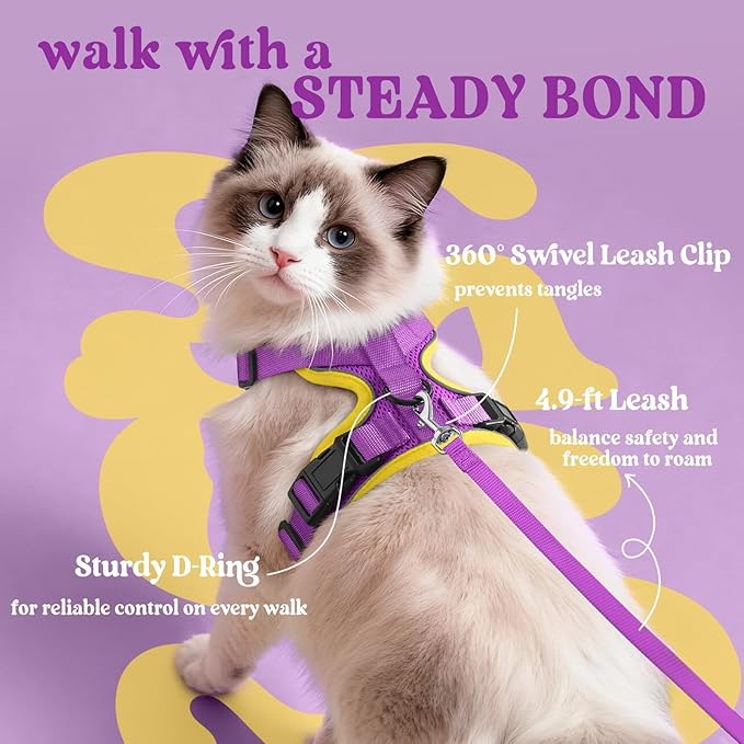 rabbitgoo Cat Harness and Leash for Walking, Escape Proof Soft Adjustable Vest Harnesses for Cats, Easy Control Breathable Reflective Strips Jacket, Purple&Yellow,S