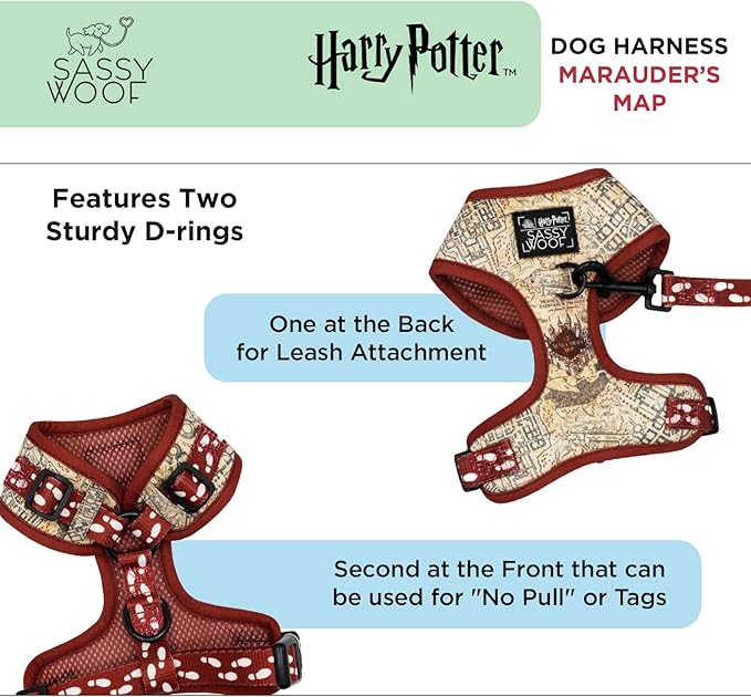 Sassy Woof Dog Adjustable Harness - Harry Potter™ Marauder's Map™ - M, Breathable Mesh, No Pull Design with Two D-Rings, Perfect for Medium Dogs - Officially Licensed