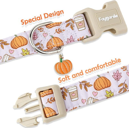 Faygarsle Fall Pumpkin and Leaves Pattern Dog Collar with Charm, Adjustable Pet Neckwear, Pink and Orange for Small Medium Large Dogs XS