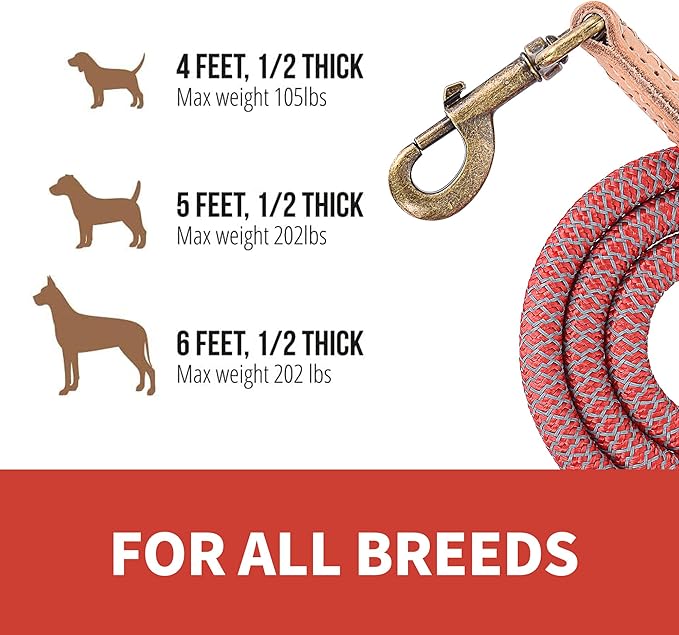 Mile High Life Climbing Rope Dog Leash w/ Leather Tip - Reflective and Chew Proof (Red, 60 Inch)