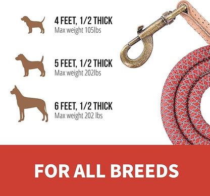 Mile High Life Climbing Rope Dog Leash w/ Leather Tip - Reflective and Chew Proof (Red, 60 Inch)