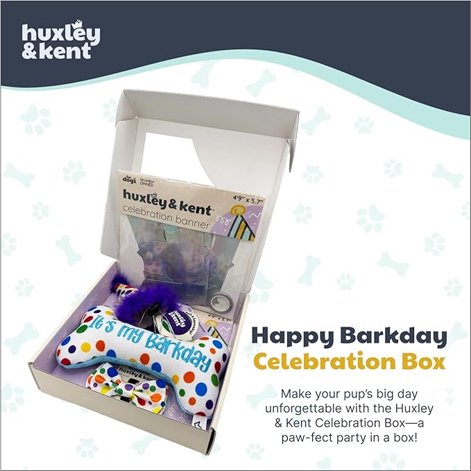 Huxley & Kent Celebration Box for Dogs - Fun Gift Kit with Plush Squeaky Toys, Party Hat, Bow Tie & Banner - Birthday, Gotcha Day & Special Occasion Dog Kit - Happy Barkday Box, Small