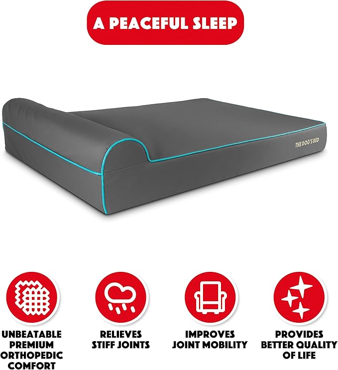 The Dog’s Bed Orthopedic Headrest Dog Bed XXL Grey/Blue, Memory Foam, Pain Relief for Arthritis, Hip & Elbow Dysplasia, Post Surgery, Lameness, Waterproof Washable Cover, Veterinary Approved