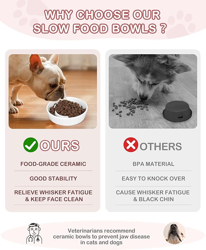 TRUVIC Ceramic Slow Feeder Dog Bowls Small Breed, 0.6 Cup Slow Feeder Cat Bowls for Fast Eaters, Ceramic Dog Food Dish no Black Chin, Puzzle Bowl for Small Dogs and Cats, White
