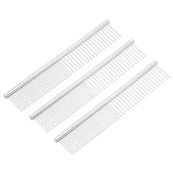 PETAXCELL Dog Cat Comb, Pet Combs Stainless Steel Teeth with Rounded Ends for Knots Mats Loose Hair Removal, 6.5IN (Silver, 3 Pack), Grooming Tool Intended for Long Curly Hair Pet
