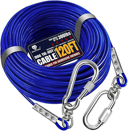 Tie Out Cable for Dogs Up to 300lbs, 120ft Extra Strong 1000lbs Break Strength Tie-Out Tether Trolley Training Lead,Dog Run Cable for Yard Garden Park Camping Outside (Blue, 300lbs 120ft)