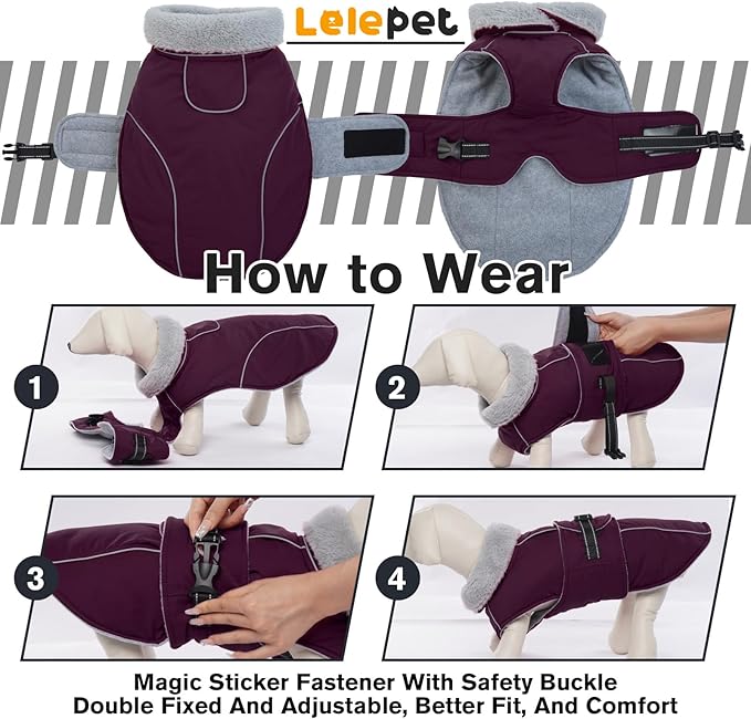 Lelepet Warm Dog Coat Waterproof Dog Jacket for Large Dogs Reflective Fleece Vest with Adjustable Buckle Hook & Loop Windproof Cold Weather Coats for Small Medium Large Dogs, Dark Purple, XL