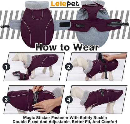 Lelepet Warm Dog Coat Waterproof Dog Jacket for Large Dogs Reflective Fleece Vest with Adjustable Buckle Hook & Loop Windproof Cold Weather Coats for Small Medium Large Dogs, Dark Purple, XL