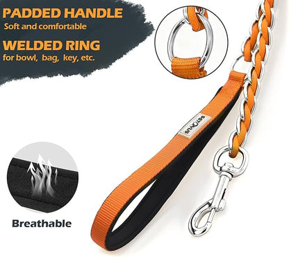 Dog Leash Chew Proof, Chain Leash Anti Chew Dog Leash for Large Dogs Heavy Duty, Indestructible Metal Leash Anti Bite Chain Link with Woven Cord Soft Padded Handle (Orange, 4FT)