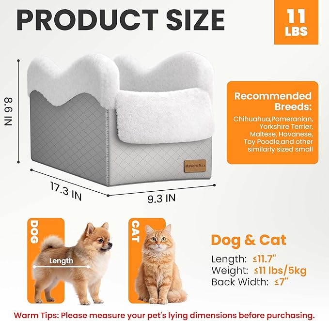 Mavora Max Portable Small Dog Seat for Car, Luxury Center Console Dog Car Seat Booster with Safety Tethers, Anti-Collapse Pet Travel Carseat for SUV, Truck (Light Grey/White)