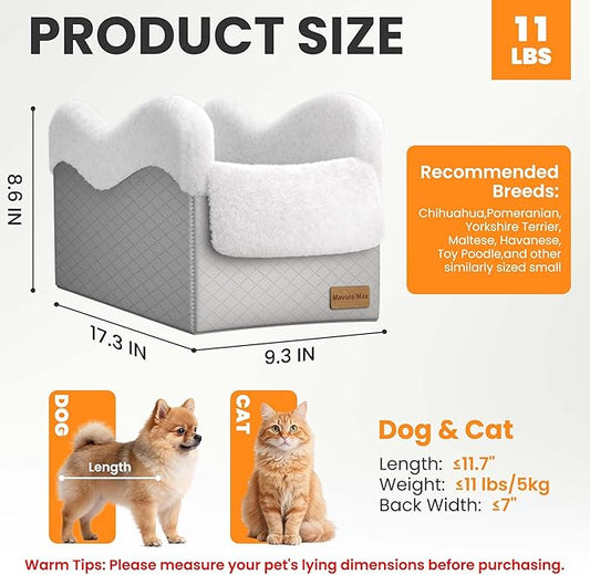 Mavora Max Portable Small Dog Seat for Car, Luxury Center Console Dog Car Seat Booster with Safety Tethers, Anti-Collapse Pet Travel Carseat for SUV, Truck (Light Grey/White)