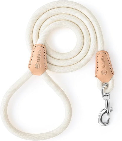 Mile High Life Dog Leash, Rope Leash with Genuine Leather Connection and Heavy Duty Metal Clasp, Great for Small Medium Large Dogs(Cream White,48 Inch)
