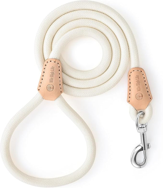 Mile High Life Dog Leash, Rope Leash with Genuine Leather Connection and Heavy Duty Metal Clasp, Great for Small Medium Large Dogs(Cream White,48 Inch)