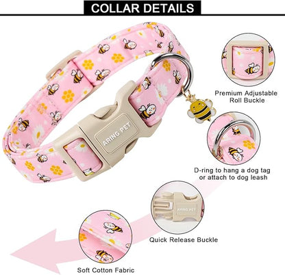 ARING PET Summer Dog Collar, Cute Pink Bee Daisy Floral Pet Collars with Quick Release Buckle for Puppy Small Medium Large Boy Girl Dogs-XS