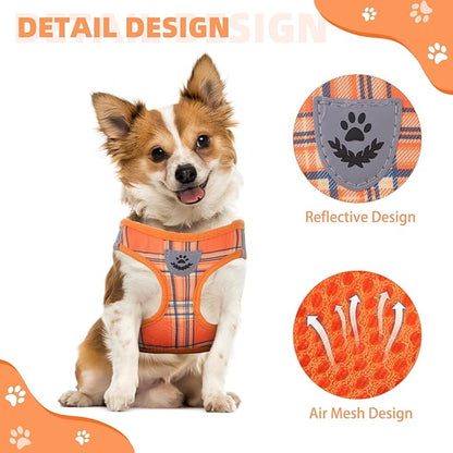 KOOLTAIL Thanksgiving Dog Harness for Small Medium Dogs,Dog Harness and Leash Set, Step in No Pull Soft Mesh Padded Adjustable and Reflective Pet Vest Puppy, Extra Harness for XS S Dogs Orange Plaid M