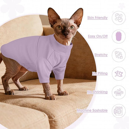 OUOBOB Sphynx Hairless Cat Clothes, Soft Cotton Pullover Turtleneck Shirt with Sleeves for Kitten Puppy Small Dogs, Cat Pajamas for All-Season - Purple XL