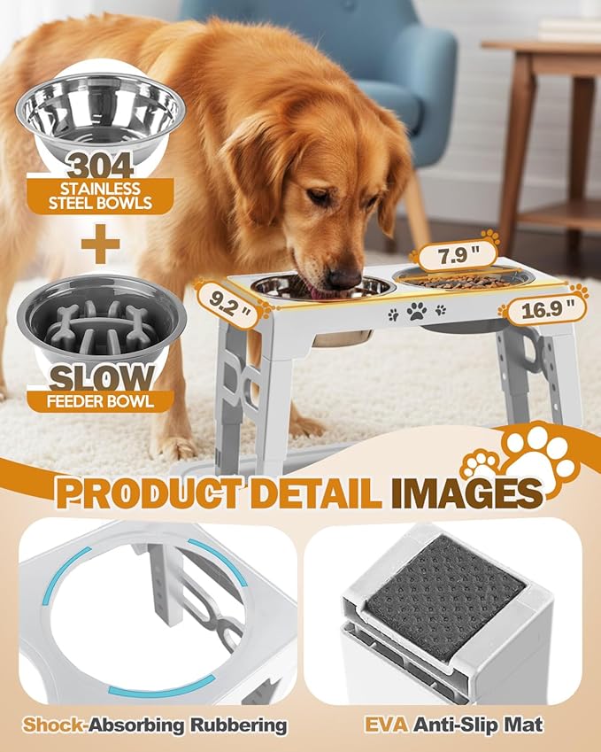 Elevated Dog Bowls, Dog Feeder with 1*Stainless Steel Dishes & 1*Slow Feeder Bowl, 5 Heights Adjustable Raised Stand for Medium Large, Food Dishes with Non-Slip Feet