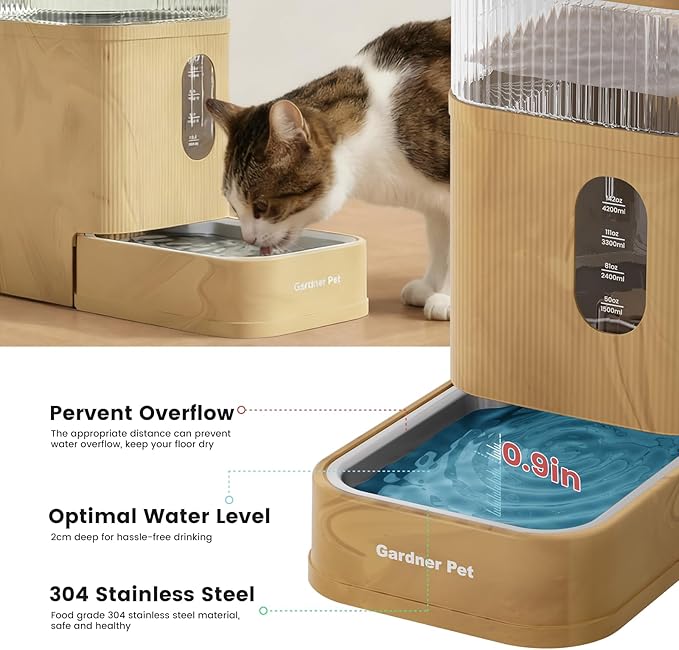 Gardner Pet 2.2 Gallon Automatic Dog Water Bowl Dispenser 8.5L Gravity Water Feeder with Stainless Steel Bowl & Maifan Stone Filter, BPA-Free for for Cats and Dogs (Brown, 2.2 Gallon)