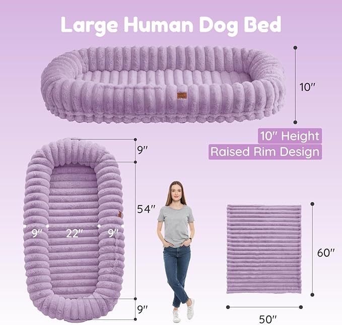 ChiXnuggle Human Dog Bed for Adult - Luxury Striped Faux Fur Giant Dog Bed with Portable Handle, Egg Orthopedic Foam Pad with Thick Blanket, 72"x40"x10", Purple