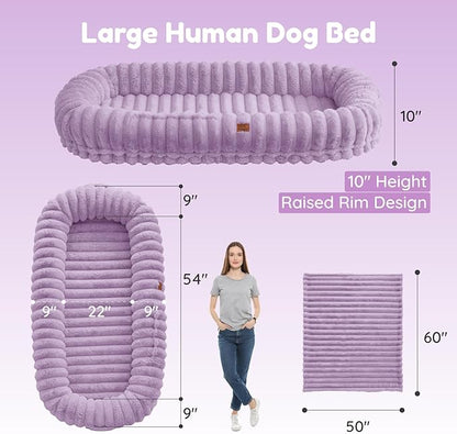 ChiXnuggle Human Dog Bed for Adult - Luxury Striped Faux Fur Giant Dog Bed with Portable Handle, Egg Orthopedic Foam Pad with Thick Blanket, 72"x40"x10", Purple