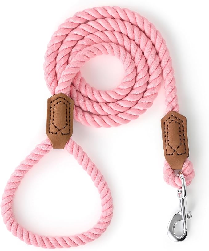 Mile High Life Dog Leash, Braided Cotton Rope Leashes with Leather Tailor Tip with Leather Tip - Heavy Duty Metal Clasp, 4FT, 1/2" Thick - Wedding, Walking Leash for Medium Large Dogs(Pink)