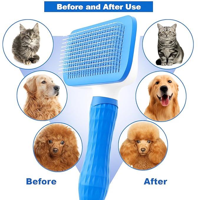 Generic Pet Grooming Brush, Blue - Self Cleaning Hair Brush for Dogs and Cats, Removes Loose Undercoat, Bristles with Massage Particles, Ergonomic Handle, For Long or Short Hair Breeds