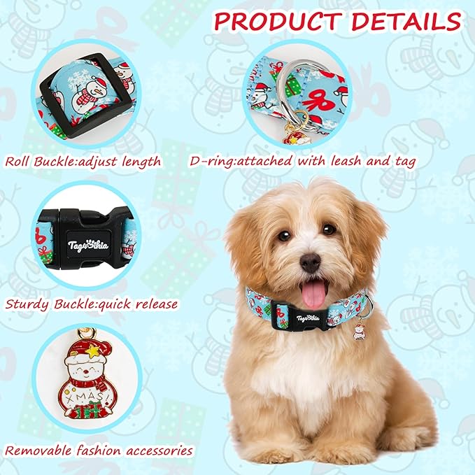 Christmas Dog Collar for Medium Dogs, Adjustable Blue Small Dog Collars with Snowman Pattern, Cute Dog Christmas Collar for Dogs, Winter Holiday Dog Collar for Girl Boy Dog-M