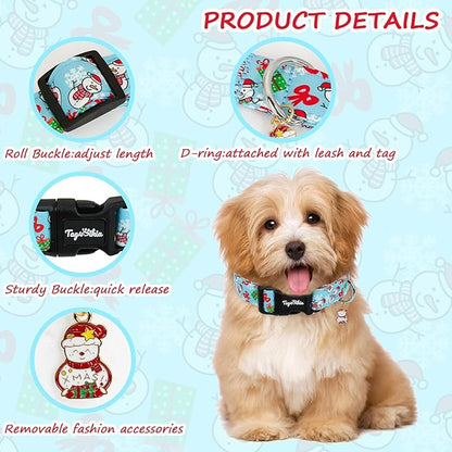 Christmas Dog Collar for Medium Dogs, Adjustable Blue Small Dog Collars with Snowman Pattern, Cute Dog Christmas Collar for Dogs, Winter Holiday Dog Collar for Girl Boy Dog-M