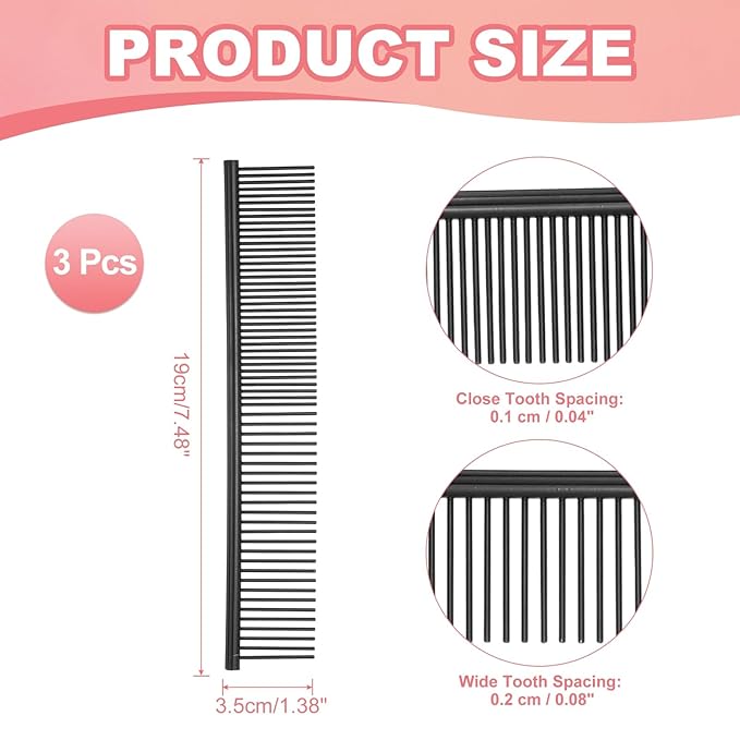 PETAXCELL Dog Cat Comb, Pet Combs Stainless Steel Teeth with Rounded Ends for Knots Mats Loose Hair Removal, 7.5IN (Black Coated, 3 Pack), Grooming Tool Intended for Long Curly Hair Pet