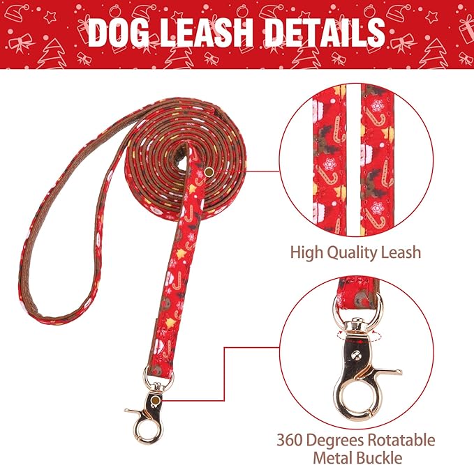 KOOLTAIL Christmas Small Dog Collar and Leash Set with Bowtie and Bells-Puppy Collar Leash for Female with Matching Pattern, Soft Leather Tangle Free Leashes for Small Dogs Boys Girls Red