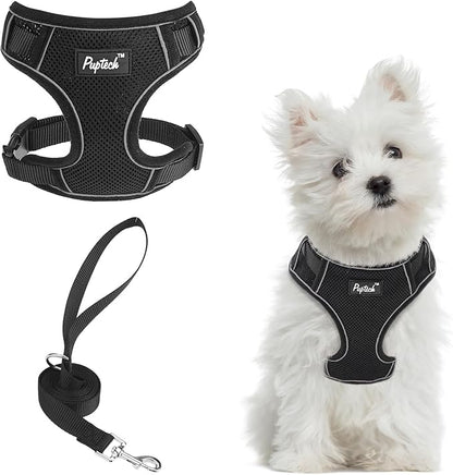 PUPTECK Small Dog Harness and Leash Set, No Pull Adjustable Puppy Cat Harness, Reflective Soft Mesh Pet Vest Small Sized, Black, S