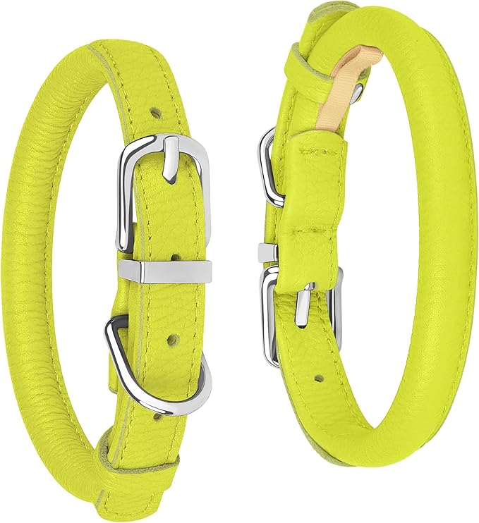 OOPSDOGGY Rolled Leather Dog Collar Soft Roll Collars for Small Medium Large Dogs Puppy (Lime Green, XXS, 7"-9")