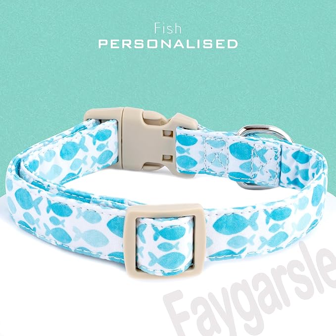 Faygarsle Fish Pattern Dog Collar, Adjustable with Buckle, Blue and White, Summer Design for Small Medium Large Dogs XS