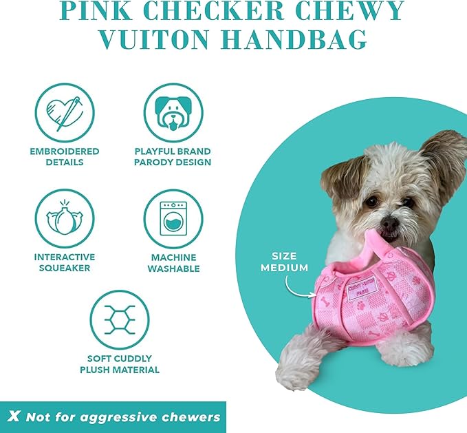 Haute Diggity Dog Pink Checker Chewy Vuiton Handbag, Plush Designer Dog Toys with Interactive Squeaker, Stimulating Pet Enrichment, Machine-Washable & Safe Materials for All Breeds, Size Small
