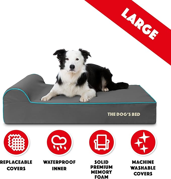 The Dog’s Bed Orthopedic Headrest Dog Bed Large Grey/Blue, Memory Foam, Pain Relief for Arthritis, Hip & Elbow Dysplasia, Post Surgery, Lameness, Waterproof Washable Cover, Veterinary Approved