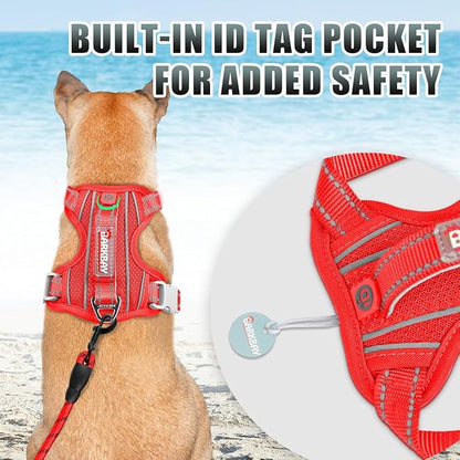 BARKBAY No Pull Dog Harness Large Reflective Dog Harness with Front Clip and Easy Control Handle for Walking Training Running with ID tag Pocket(Red,L)